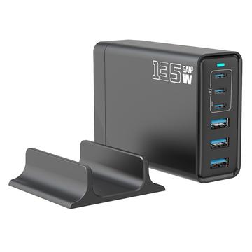 Cargador de sobremesa GaN de 135W / Estación de carga de alta velocidad de 6 puertos - 3x USB-C, 3x USB-A - Negro