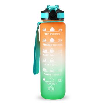 Botella de agua deportiva de 1L con marcador de tiempo Jarra de agua Hervidor de agua a prueba de fugas para la oficina Escuela Camping (libre de BPA) - Naranja/Verde