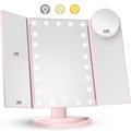 Espejo de maquillaje plegable por 3 lados con 22 luces LED - 1X/2X/3X/10X aumentos - Rosa
