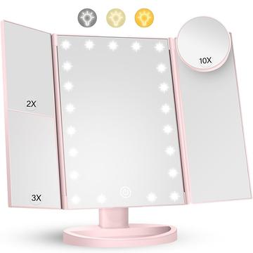 Espejo de maquillaje plegable por 3 lados con 22 luces LED - 1X/2X/3X/10X aumentos - Rosa
