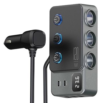 Cargador de coche de carga rápida 3 en 1 PD 35W - Adaptador de mechero 120W y 5 puertos USB - Negro