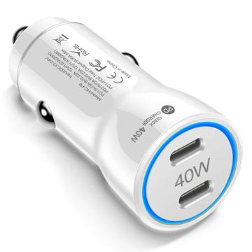 Cargador rápido de coche USB-C PD doble de 40 W con anillo de luz LED - Blanco