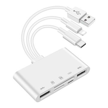 Hub USB OTG 5 en 1 / Lector de tarjetas con puertos Lightning, USB-C, USB-A