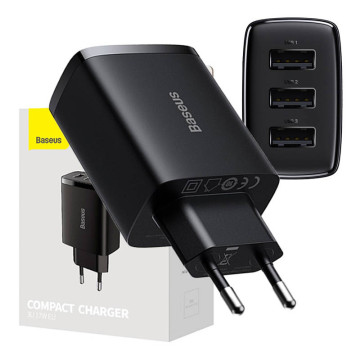 Cargador rápido compacto Baseus CCXJ020101, 3x USB, 17W - Negro