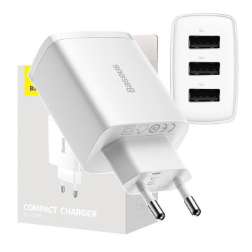 Cargador rápido compacto Baseus CCXJ020102, 3x USB, 17W - Blanco