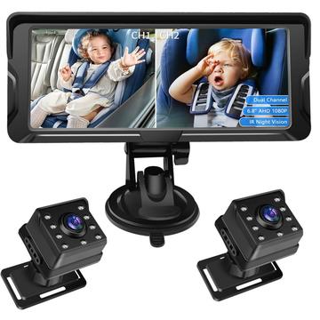 Vigilabebés para coche de 6.8" con dos cámaras HD 1080P con rotación de 360º.