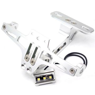 Ajustable CNC de aleación de aluminio de la placa de matrícula de la motocicleta de luz de bicicleta soporte telescópico con luz LED - Plata