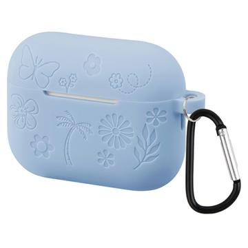 Funda de silicona líquida AirPods Pro 3 con estampado de flores y mosquetón - Azul bebé