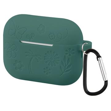 Funda de silicona líquida AirPods Pro 3 con estampado de flores y mosquetón - Verde oscuro