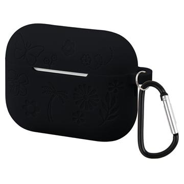 Funda de silicona líquida AirPods Pro 3 con estampado de flores y mosquetón - Negro