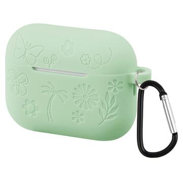 Funda de silicona líquida AirPods Pro 3 con estampado de flores y mosquetón - Verde