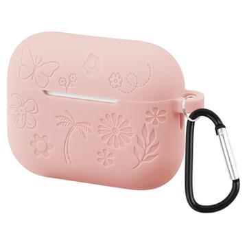 Funda de silicona líquida AirPods Pro 3 con estampado de flores y mosquetón - Rosa claro