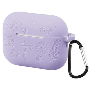 Funda de silicona líquida AirPods Pro 3 con estampado de flores y mosquetón - Morado claro
