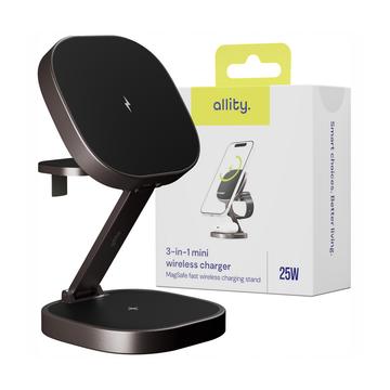 Allity AWC-220-25WMS Cargador inalámbrico 3 en 1 de 25W - Compatible con MagSafe - Grafito
