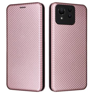 Funda con Tapa para Asus Zenfone 11 Ultra - Fibra de Carbon - Rosa Dorado