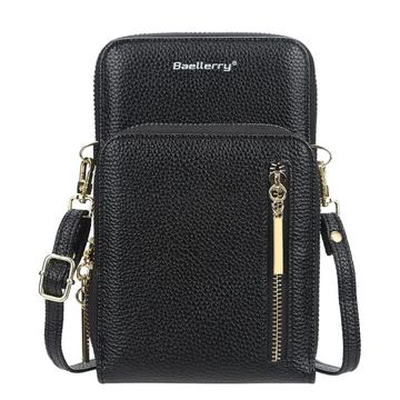 BAELLERRY N0110 Mujeres de doble capa de cremallera cartera de cuero de PU monedero del teléfono móvil con correa para el hombro - Negro