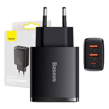 Baseus Compact Cargador rápido 30W - USB-C PD, 2xUSB - Negro