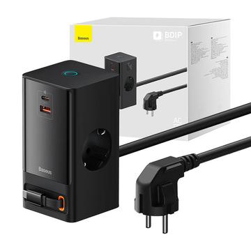 Baseus PowerCombo Digital Power Strip 65W con cable USB-C retráctil - 2xAC, USB-C, USB-A - Negro