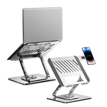 Soporte giratorio de doble brazo de acero al carbono para portátil con soporte magnético para teléfono - Plata
