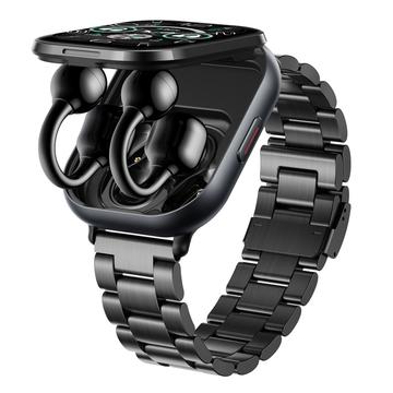 D12 Smartwatch 2 en 1 con auriculares inalámbricos con clip - Correa de acero inoxidable - Negro