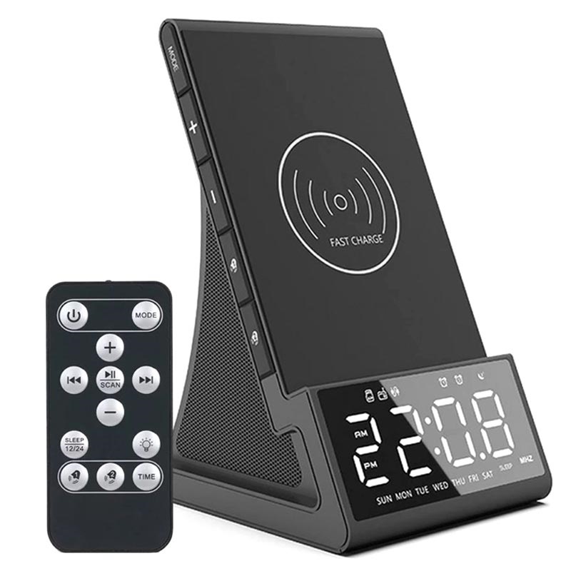  Radio despertador digital con altavoz Bluetooth V5.0, radio  reloj FM con luz nocturna, cargador tipo C y USB, atenuador de 5 niveles,  volumen ajustable, 12/24 horas, repetición, batería de reserva, radio