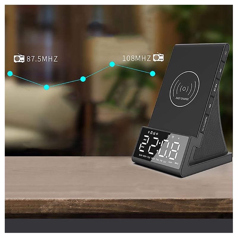 radio FM LEMEGA Radio despertador digital CR6 con cargador USB color blanco sonido estéreo carga inalámbrica QI altavoz Bluetooth con tecnología de carga rápida de 10 W función de despertador 