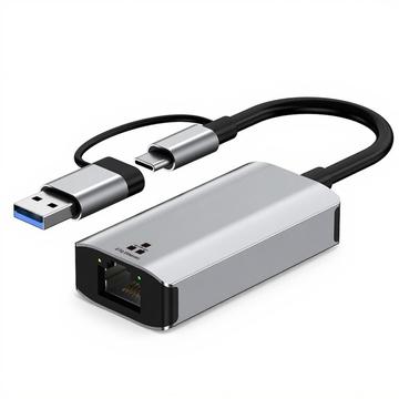 Adaptador de doble interfaz USB-C/USB 3.0 a RJ45 Gigabit Ethernet - Convertidor LAN compacto Plug & Play