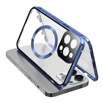 Funda anti-caída de doble cara de vidrio templado + marco metálico magnético para iPhone 15 compatible con MagSafe Phone Cover con cierre de hebilla - Azul oscuro