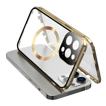 Funda anti-caída de doble cara de vidrio templado + marco de metal magnético para iPhone 15 compatible con MagSafe Phone Cover con cierre de hebilla - Oro