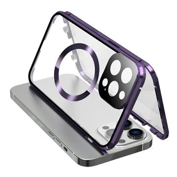 Funda anti-caída de doble cara de vidrio templado + marco metálico magnético para iPhone 15 compatible con MagSafe Phone Cover con cierre de hebilla - Morado