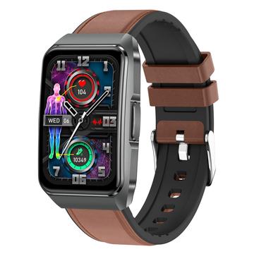ET650 Reloj Inteligente con Temperatura Corporal, Monitor de Salud y Llamadas Bluetooth - Correa de Cuero y Silicona - Marrón