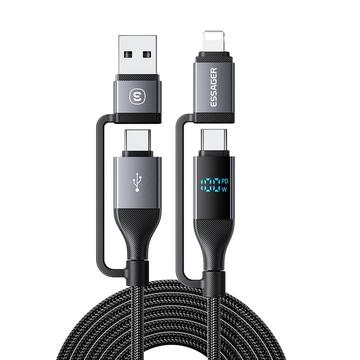 Essager Cable de carga rápida 4 en 1 de 100W con indicador de potencia - 2m - Negro