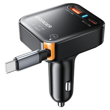 Essager Cargador rápido para coche de 65W con cable USB-C retráctil - Negro