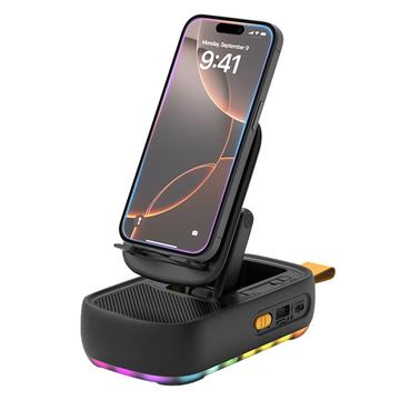 F15 Soporte plegable 3 en 1 para teléfono con altavoz Bluetooth y batería de 1200mAh - Negro