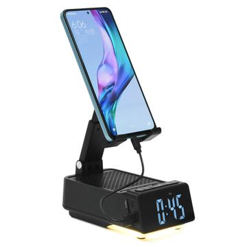 F30 Soporte plegable 3 en 1 para smartphone, altavoz Bluetooth y reloj despertador digital - Negro
