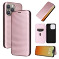 Funda con Tapa para iPhone 15 Pro - Fibra de Carbon - Rosa Dorado