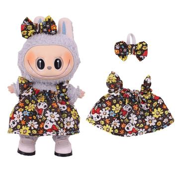 Vestido de Fiesta Floral y Diadema con Lazo para Labubu Mini Figura 17cm - Marrón