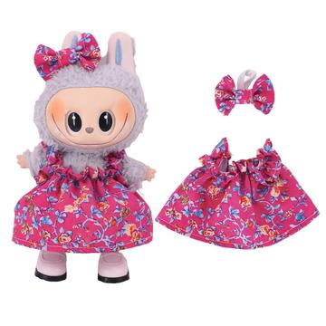 Vestido de Fiesta Floral y Diadema con Lazo para Labubu Mini Figura 17cm - Hot Pink