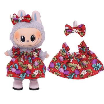 Vestido de Fiesta Floral y Diadema con Lazo para Labubu Mini Figura 17cm - Rojo