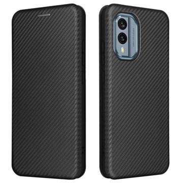 Funda con Tapa para Nokia X30 con Ranura para Tarjeta - Fibra de Carbon