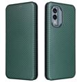 Funda con Tapa para Nokia X30 con Ranura para Tarjeta - Fibra de Carbon - Verde