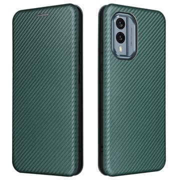 Funda con Tapa para Nokia X30 con Ranura para Tarjeta - Fibra de Carbon - Verde