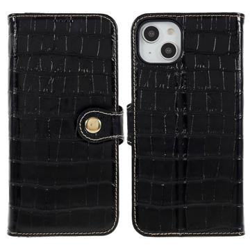 Funda de Cuero para iPhone 14 Plus - Estilo Cartera - Crocodile - Negro