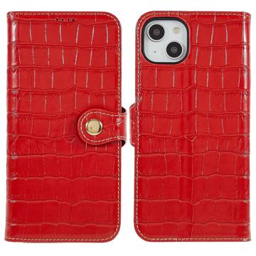 Funda de Cuero para iPhone 14 Plus - Estilo Cartera - Crocodile - Rojo