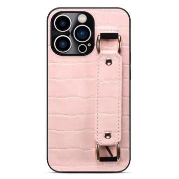 Carcasa Recubierta con Correa de mano y Tarjetero para iPhone 14 Pro - Cocodrilo - Rosa