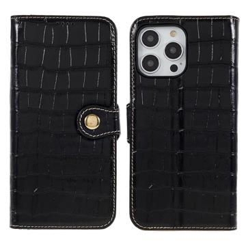 Funda de Cuero para iPhone 14 Pro Max - Estilo Cartera - Crocodile - Negro