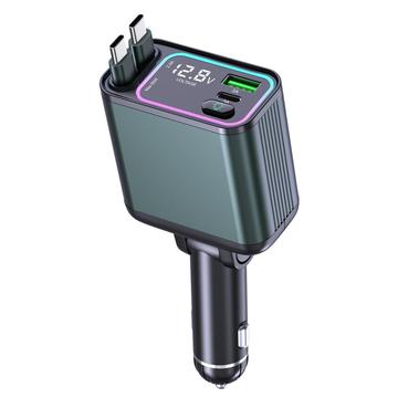 Cargador de coche GC08A con iluminación ambiental, indicador de voltaje y dos cables retráctiles de tipo C