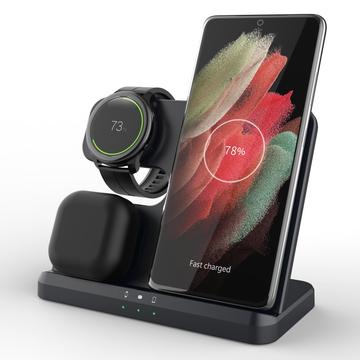 GY-Q10B Almohadilla de carga rápida 3 en 1 Estación de carga inalámbrica para teléfono estándar Qi / Samsung Galaxy Watch / auriculares - Negro