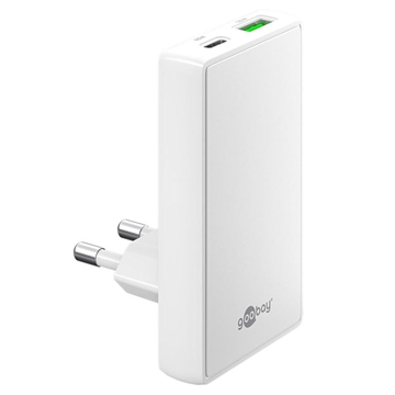 Goobay GaN Cargador Dual Rápido 90° Plano - 65W, USB-C & USB-A - Blanco