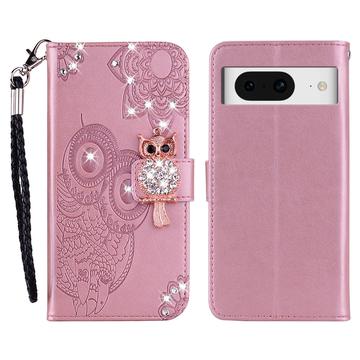 Google Pixel 8 Búho Rhinestone Funda billetera - Oro rosa